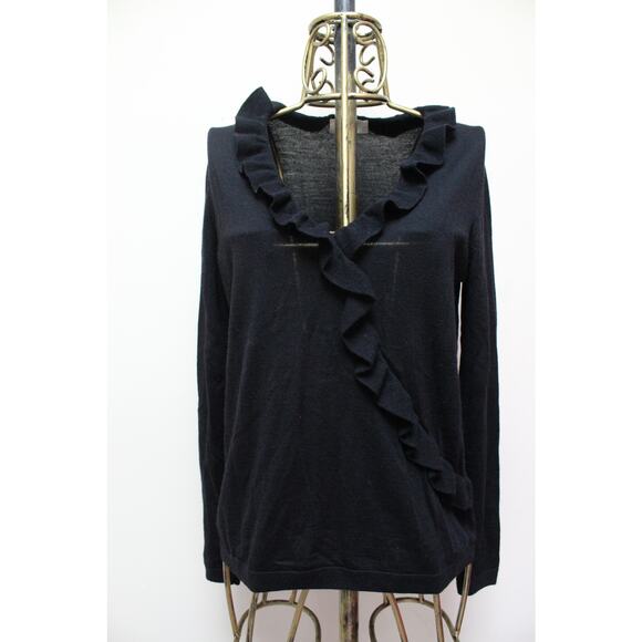 Sezane Kim Black Ruffle Wool V Neck Sweater Jumper Size Medium - Picture 2 of 6